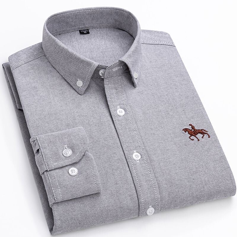 Pure Cotton Washed Oxford Long-Sleeved Shirt Men's Spring and Autum Casual Business Pure Color Cotton Embroidered Shirt Men's Clothing