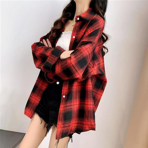 Women's Spring and Autumn New Design Grid Shirt, Unique Loose Long-Sleeve Retro Hong Kong Style Casual Blouse