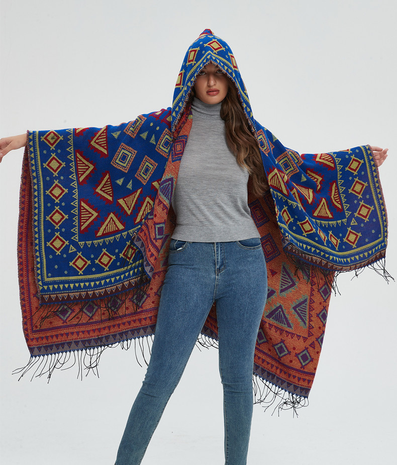 Unisex Hooded cape Winter travel jacquard fringed shawl for women_viptrois.com