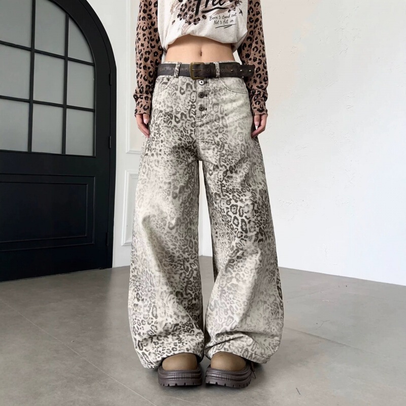 American retro washed and distressed leopard print jeans, unisex streetwear, versatile loose-fit casual wide-leg pants