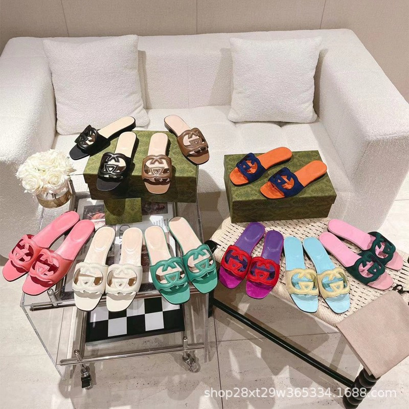 2024 Summer Casual Hollow Out Women's Candy Color Block Flat Sandals Genuine Leather Elegant Lazy Beach Slippers