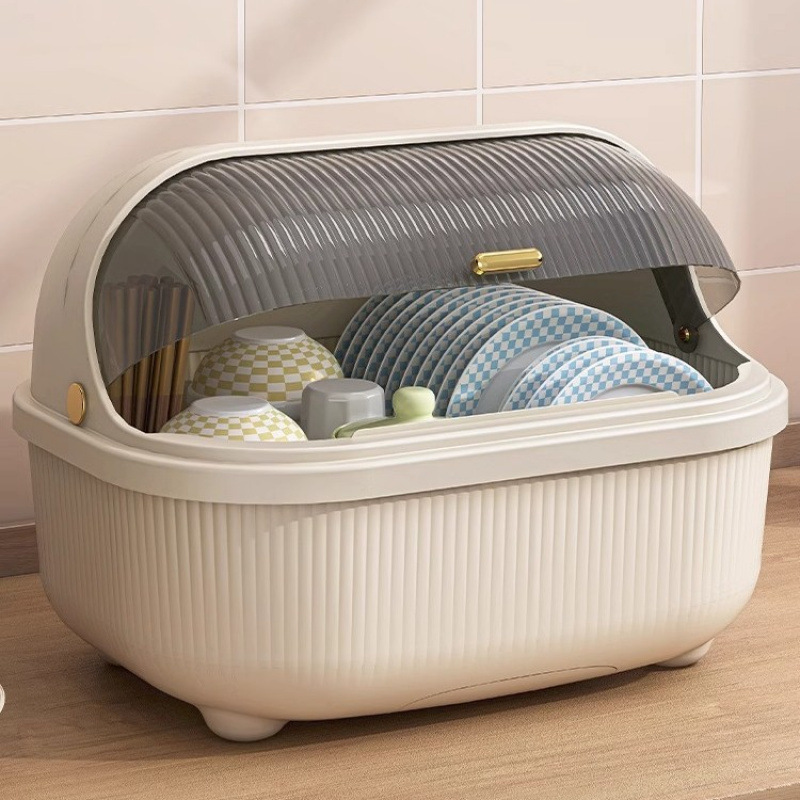 厨房碗筷收纳盒带盖放餐具碗柜置物架家用沥水碗盘架碗碟收纳架子