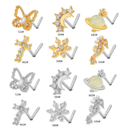 Cross-border hot-selling European and American trendy new 7-character nose nail stainless steel piercing 18k geometric nose jewelry directly supplied from the manufacturer