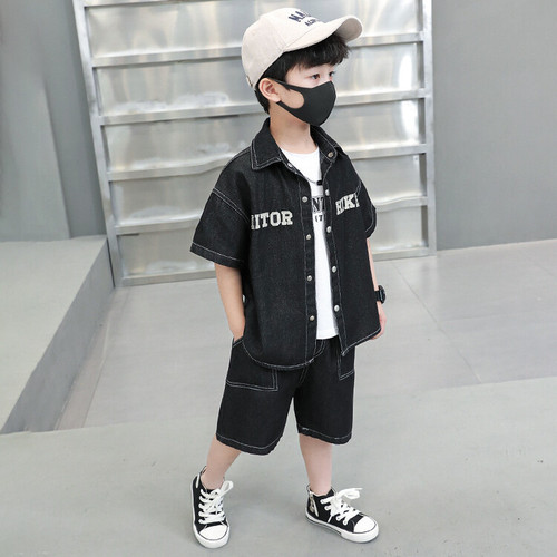 Boys' embroidered letter denim suit  summer clothing children's trendy brand handsome two-piece set foreign trade children's clothing for small and medium-sized children