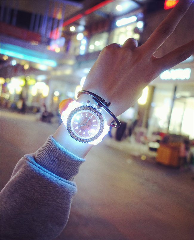 Luminous luminous personality rhinestone led Harajuku Korean fashion trend men and women students couple jelly quartz watch_voghion.com