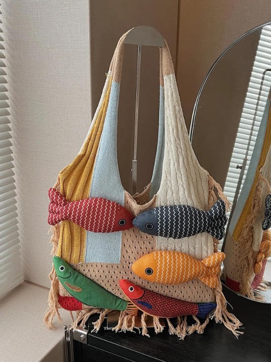 Capacious knitted summer one-shoulder bag, cartoon shopping bag