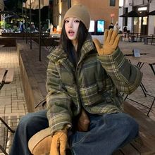 新款冬季短款立领棉服女时尚休闲小个子加厚保暖格子外套跨境批发