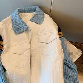 毛衣拼接牛仔外套女翻领夹克复古设计感棒球服2024年秋季新款上衣