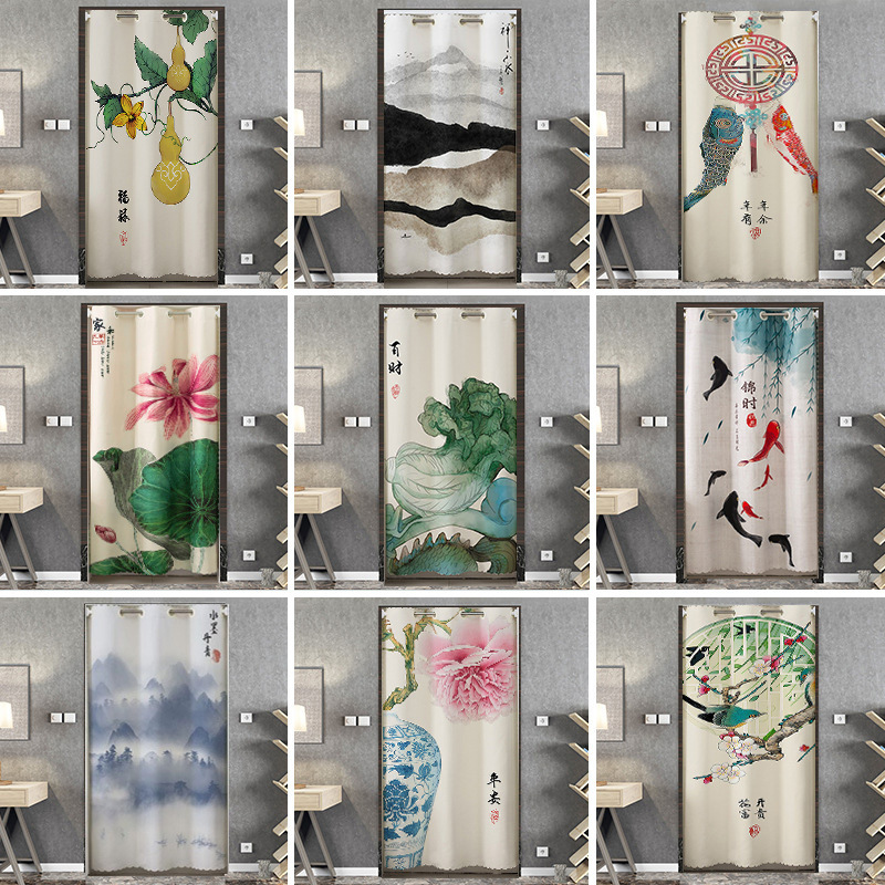 Chinese-style Fabric Door Curtain Bedroom Home Punch-free Partition Curtain Winter Windshield Curtain for Kitchen, Toilet and Bathroom