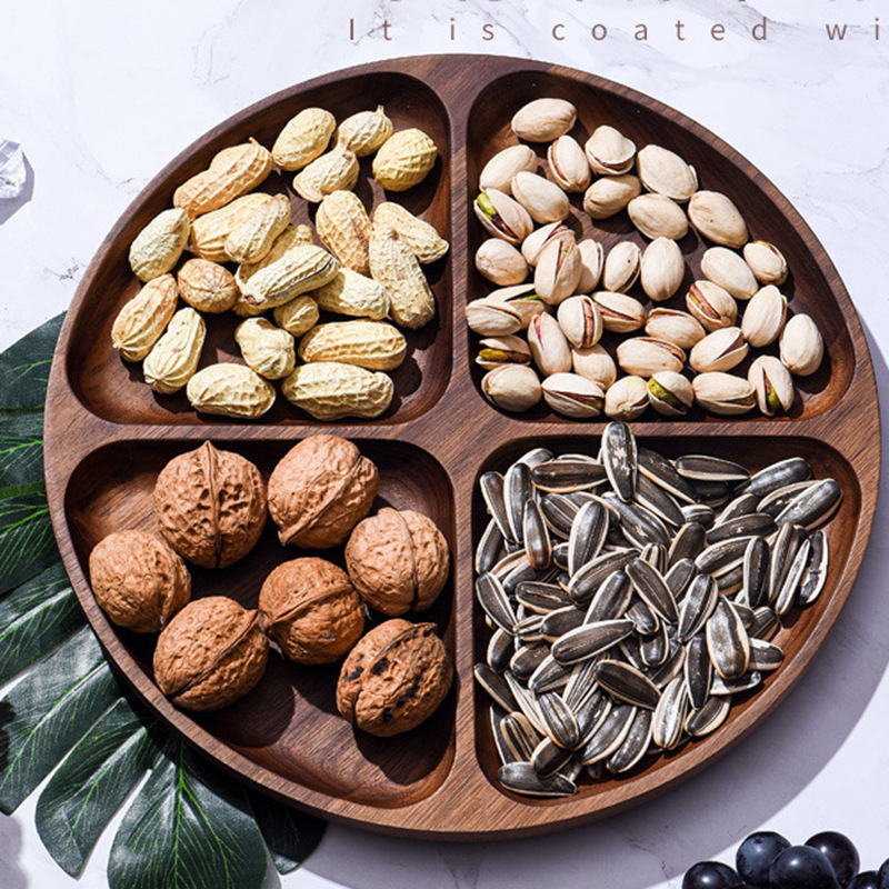 多功能坚果零食点心托盘客厅茶几家用实木质4格5格圆形水果盘