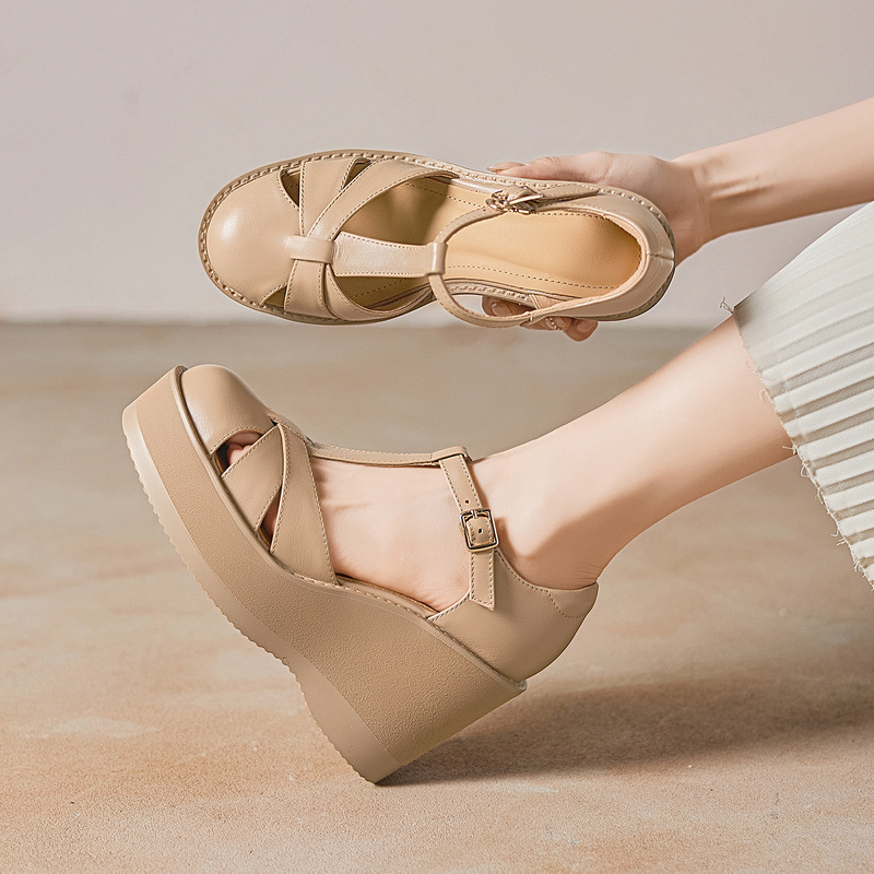 9.5cm Thick-Soled High-Heeled T-Strap Sandals for Women, Summer 2026 New Model, Petite Wedge Hollow Bird's Nest Women's Shoes 9.5cm Thick-Soled High-Heeled T-Strap Sandals for Women, Summer 2026 New Model, Petite Wedge Hollow Bird's Nest Women's Shoes