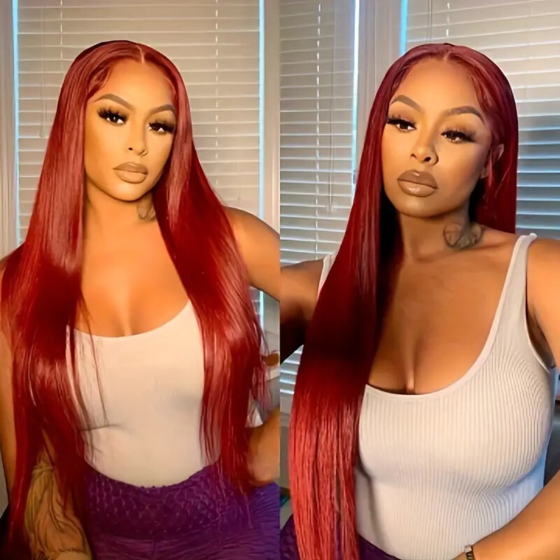 Amazon Cross-border New European and American Fashion wine red Straight Wig Mid-point Front Lace Wig Full Head Cover Amazon Cross-border New European and American Fashion wine red Straight Wig Mid-point Front Lace Wig Full Head Cover