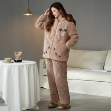 睡衣女冬季三层夹棉袄2025新款冬天加绒加厚连帽可外穿家居服套装