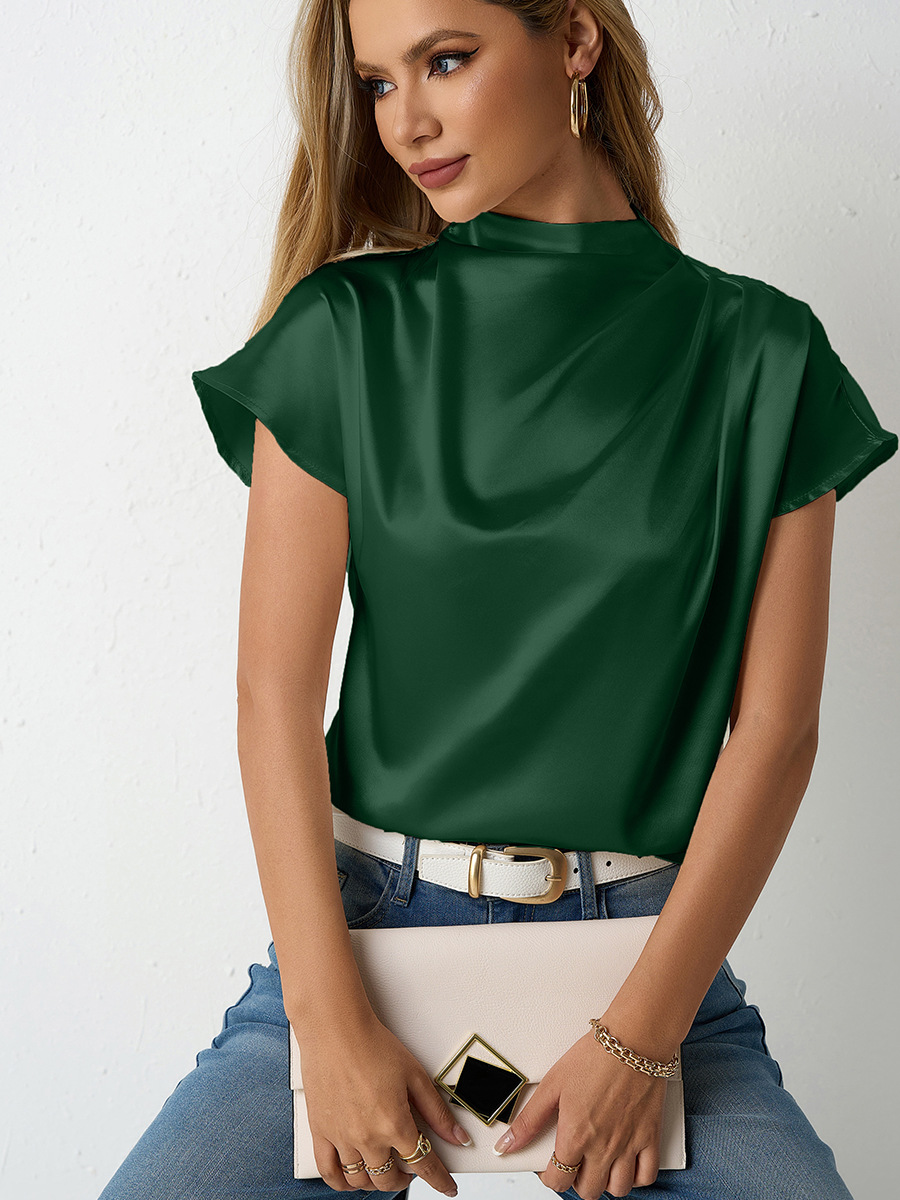 Real shot venta caliente transfronteriza nueva camiseta de satén de manga corta con cuello redondo satinado primavera y verano top plisado del hombro izquierdo de las mujeres al por mayor image 3