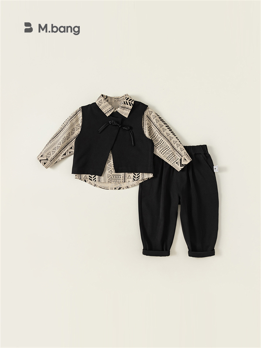Conjunto de ropa infantil Bangxuan para niños, primavera y otoño, chaleco, camisa floral, pantalones, conjunto de tres piezas, ropa formal para niños pequeños, traje para actuaciones.