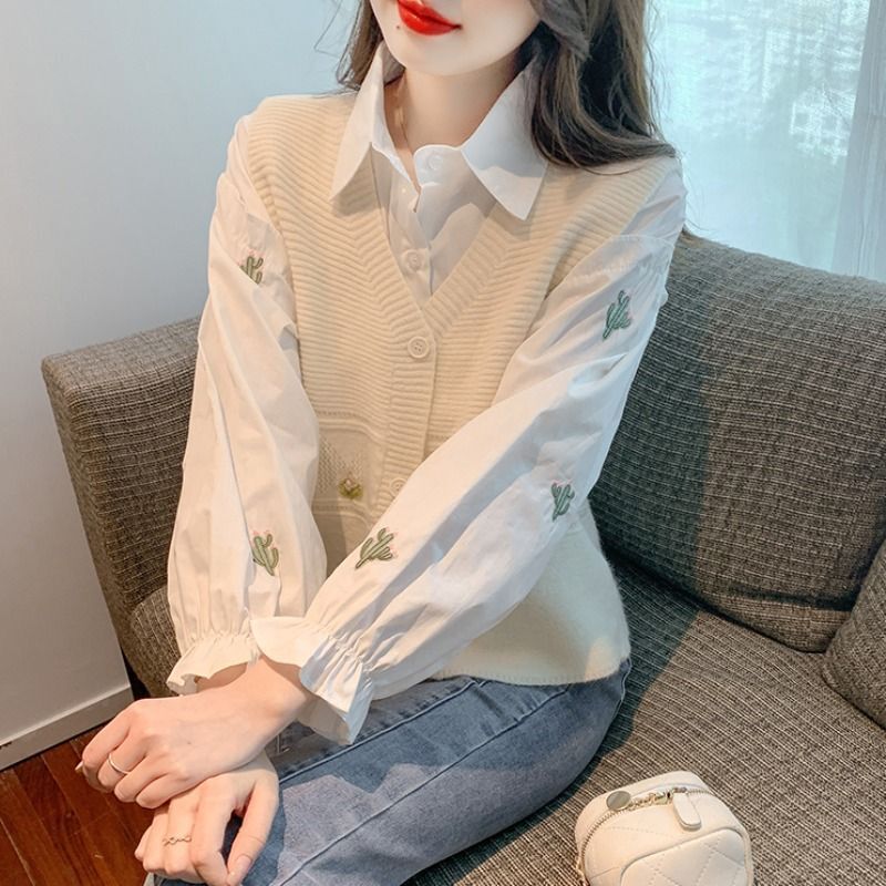 White Shirt Women's Spring New Style Small Fresh Puff Sleeve Top + Stacked Knitted Cardigan Vest Two-piece Suit