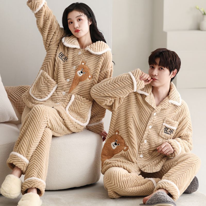 秋冬季情侣睡衣2024年新款珊瑚绒卡通可爱加绒加厚开衫家居服套装