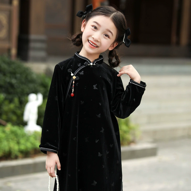 Velvet dress, skirt, long-sleeve, retro black children's cheongsam, autumn, Chinese style