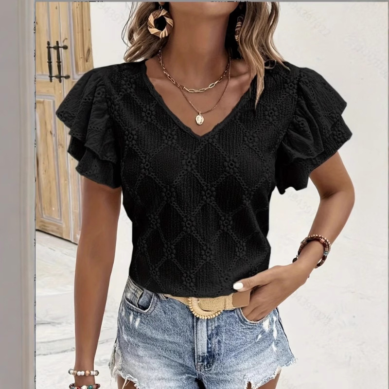 2025 European and American Cross-Border Women's V Neck Ruffle Sleeve Fashion T-Shirt 2025 European and American Cross-Border Women's V Neck Ruffle Sleeve Fashion T-Shirt
