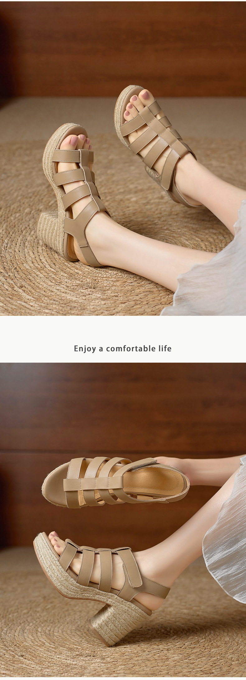 Sandal cao gót nữ hở mũi phong cách La Mã đế dày gót thô — đen chi tiết 10