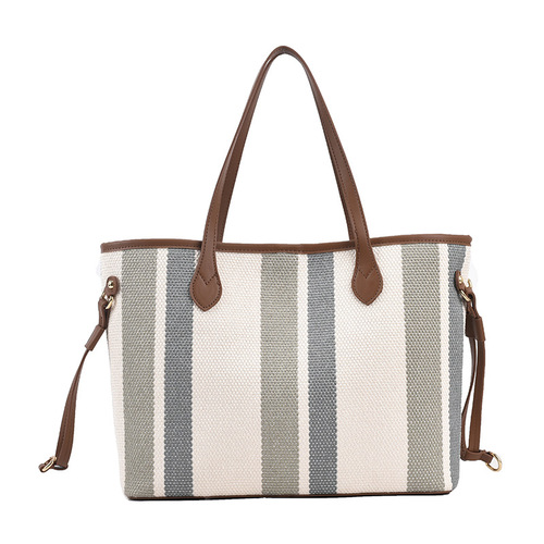 2024 Commuting Crossbody University Student Laptop Bag for Women Casual Simple Large Capacity Striped Canvas Handheld Tote Bag