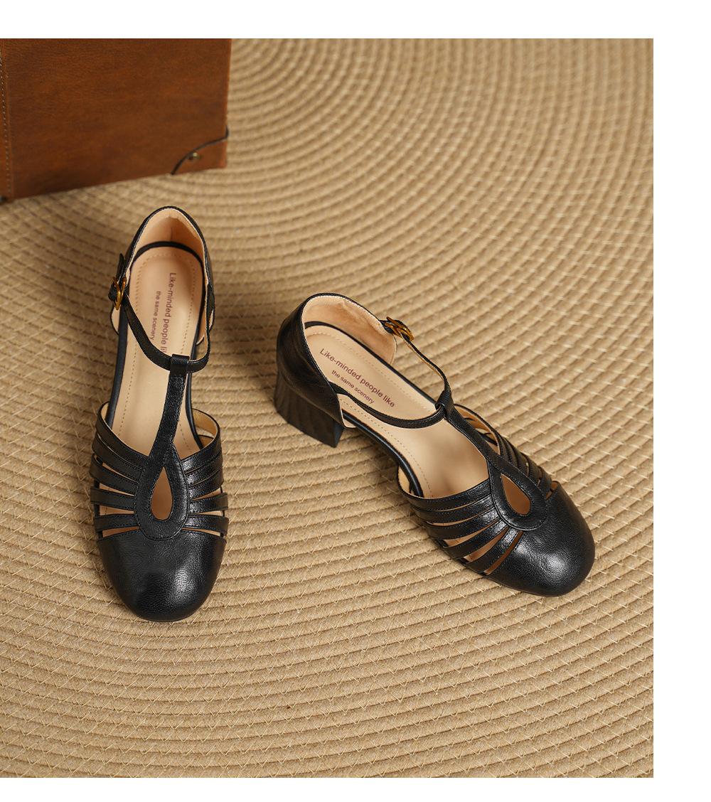 Sandal nữ da cừu bện quai chữ T mũi kín gót 4 cm — đen chi tiết 17