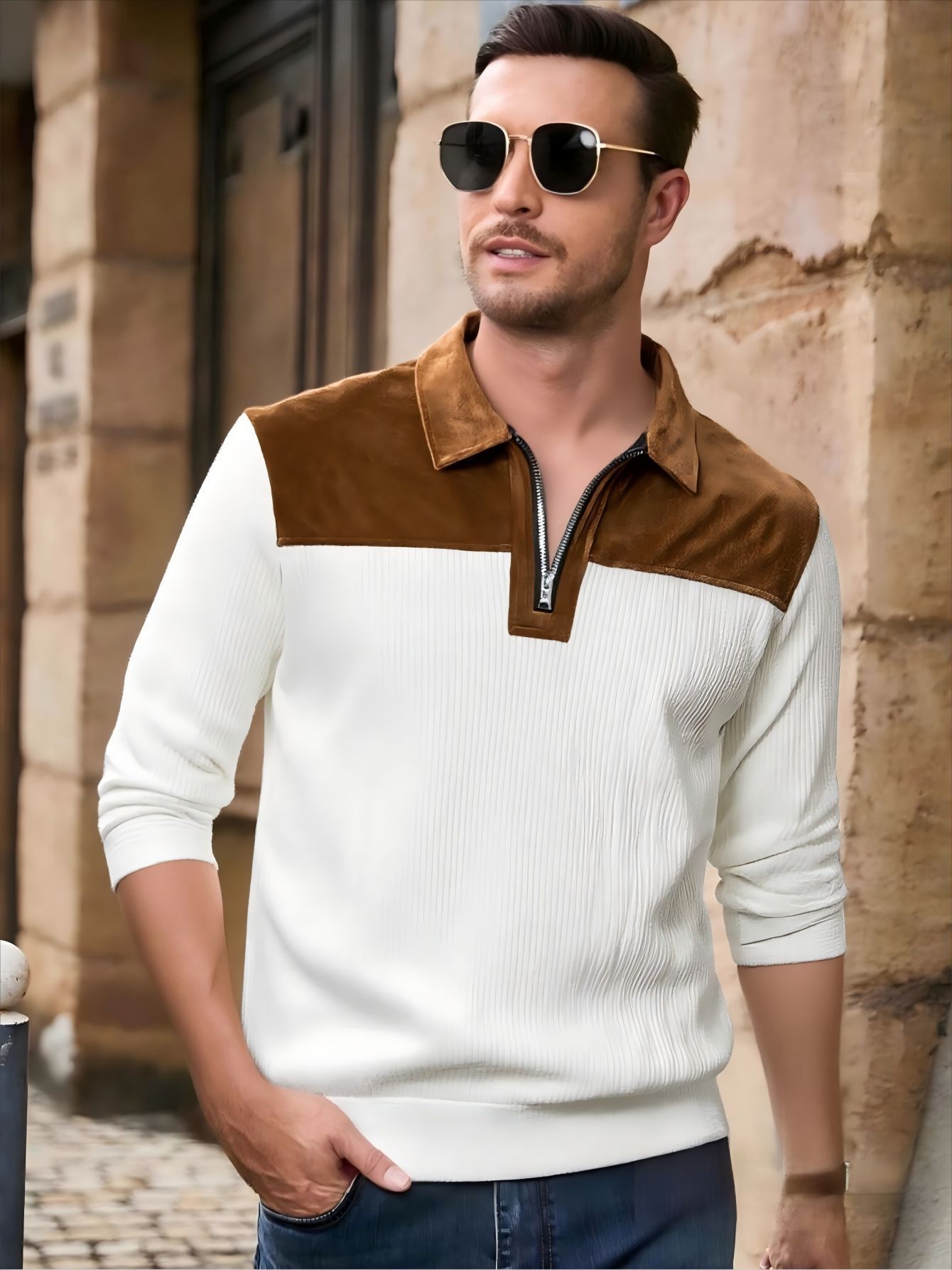 Men's Suede Patchwork Knit Sweater Zip up Long Sleeve Casual T-Shirt Breathable Spring Autumn White Polyester Outdoor Polo_voghion.com