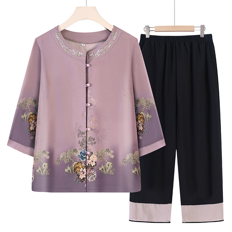Grandma Summer Dress suit Middle-aged and Elderly Women's Dress Mother's Seven-point Sleeve Two-piece Set 70-year-old Lady Summer Loose Cardigan Grandma Summer Dress suit Middle-aged and Elderly Women's Dress Mother's Seven-point Sleeve Two-piece Set 70-year-old Lady Summer Loose Cardigan