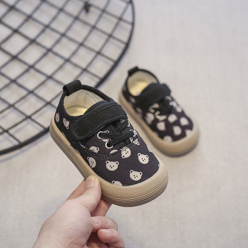 Children's canvas shoes, unisex shoes for girls and boys, bear single shoes, kindergarten indoor shoes with anti-slip, baby shoes for spring and autumn