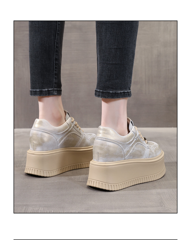 Giày sneaker nữ chunky đế dày phong cách retro đánh bóng màu be — Màu be chi tiết 15