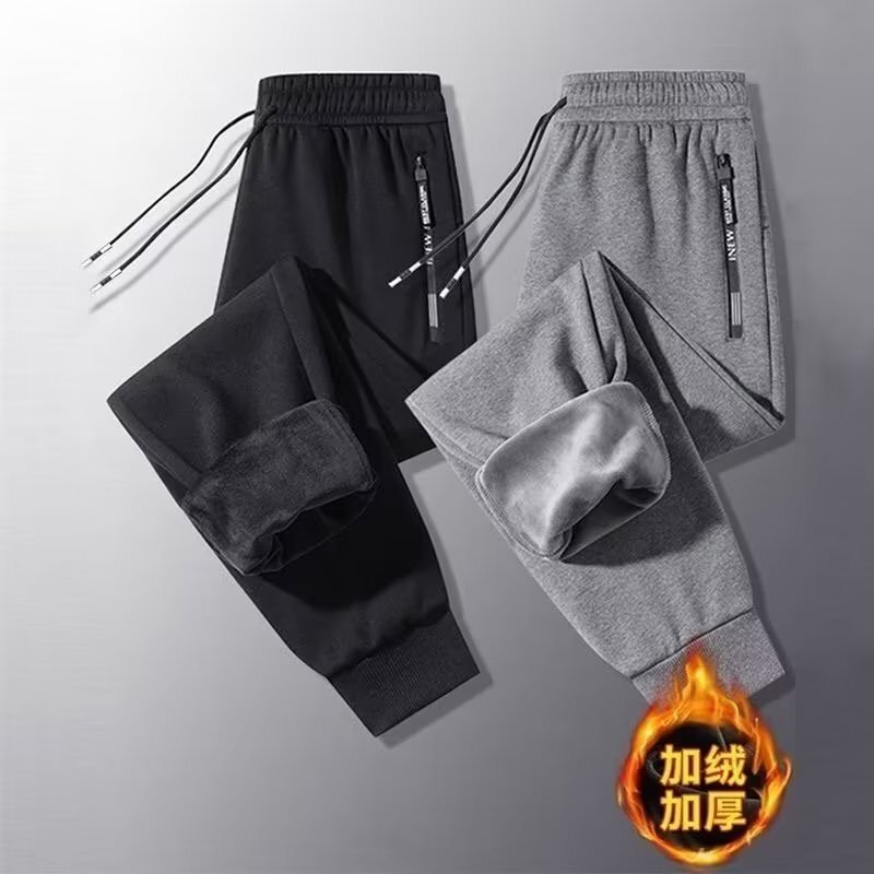2025 Spring and Autumn Style Cuffed Slim Casual Sweatpants for Men with Drawstring, Loose Fit, Fleece-Lined, Thickened Sports Pants, Warm Long Pants