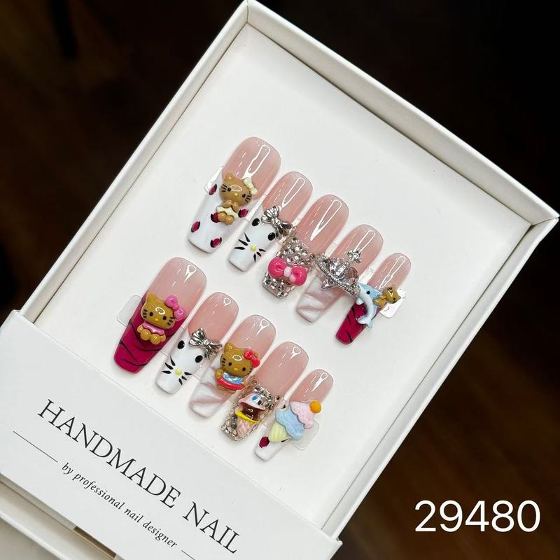 【純手作りのつけ爪29-32】ロングフレンチキャットアイパッチ付け爪、取り外し可能なネイルアートコレクション|undefined