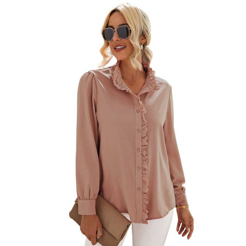 时颖欧美衬衫女秋季2022新款纯色蕾丝边拼接排扣灯笼袖开衫衬衣女