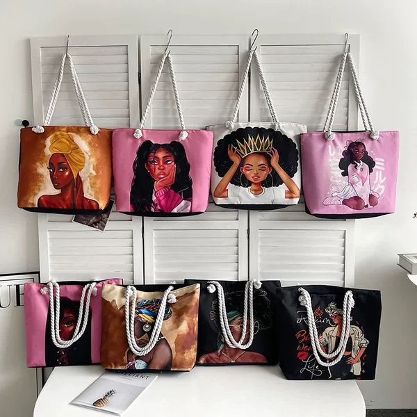 2025 Classic Outdoor Practical Versatile Retro Canvas Bag with Cartoon Print, Large Capacity Tote Beach Bag