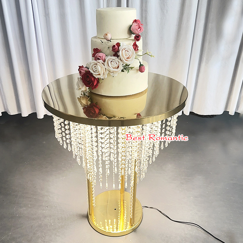 厂家直销新款水晶珠帘蛋糕桌餐桌婚礼装饰置物桌不锈钢带灯光桌子