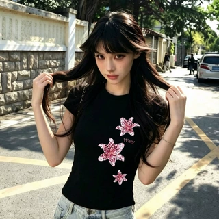 韩系黑色纯棉短袖t恤女2026夏季新款修身显瘦打底衫花卉印花上衣