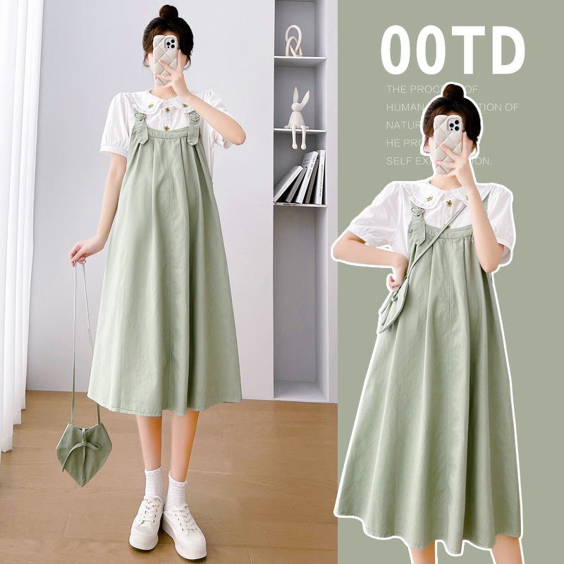 Maternity Wear 2026 Summer New Korean Style Doll Collar Shirt + Cotton Suspender Skirt Two-Piece Set Maternity Dress