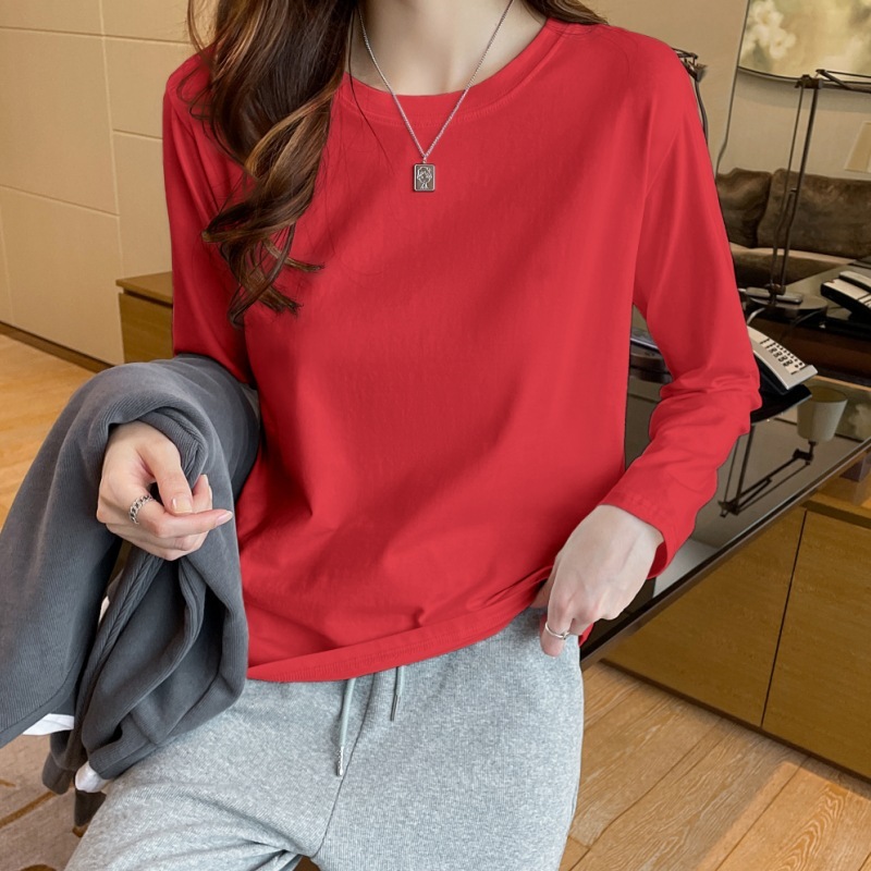 グレー長袖 Tシャツ女性の夏の新しい無地インナーラウンドネック右肩ボトムシャツトップ|undefined