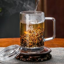 百家氏加厚玻璃杯办公泡茶带把带盖子水杯家用刻字杯子-380ml