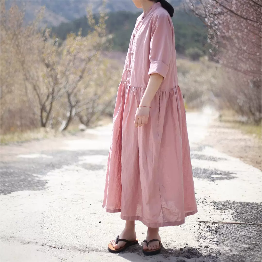 苎麻女装 中式立领盘扣苎麻宽松连衣裙长款复古裙子
