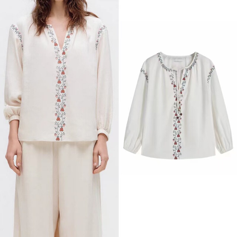 ICE 26r designer French V-neck floral embroidered shirt for women, loose fit with puff sleeves, pastoral style top ICE 26r designer French V-neck floral embroidered shirt for women, loose fit with puff sleeves, pastoral style top