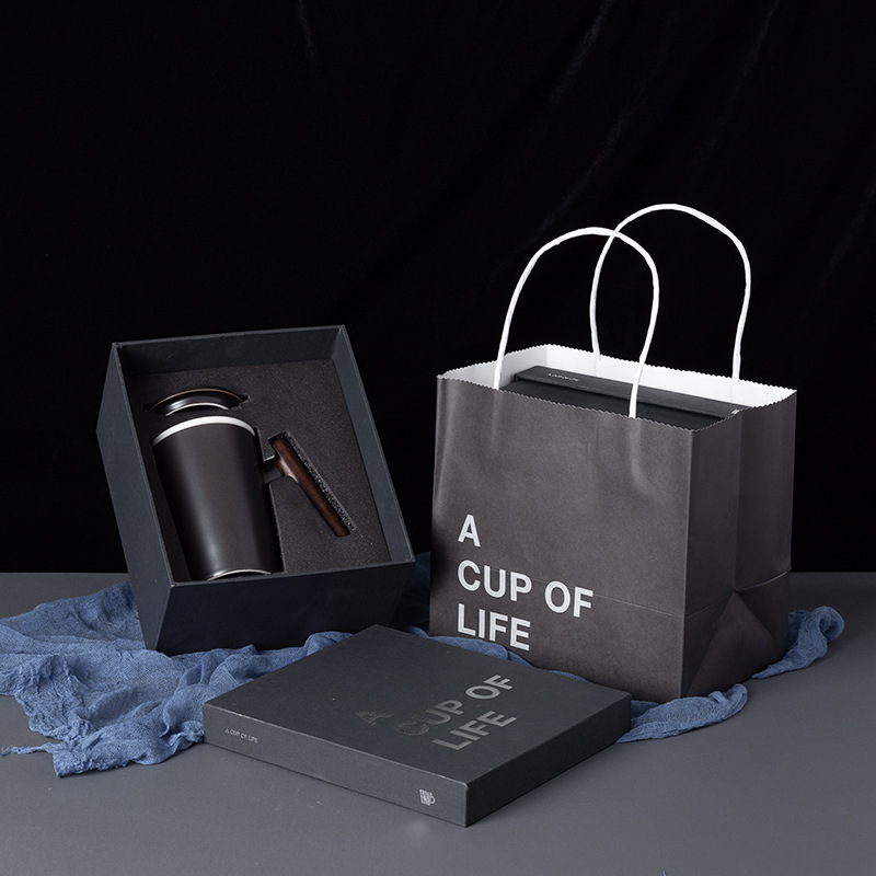 Wenchuang mango de madera taza de cerámica taza de café taza de agua con cubierta cuchara caja de regalo bolsa LOGO tallado