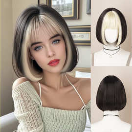 假发时尚新款女短发网红减龄波波头全头套金黑色自然仿真挑染假发