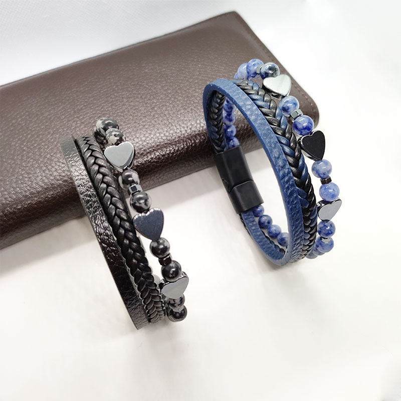 29g Weight Bracelets Classification Leather Rope Chain Material Twisted Rope Chain Chain Type 1 Piece Quantity Holiday, Daily Occasion Alloy, black gallstone Material Heart Shape Pattern All Seasons Season Men's Gender Retro Style Retro Heart Shape Alloy Black Gallstone Men's Bracelets Men Cord & Leather Bracelets 9