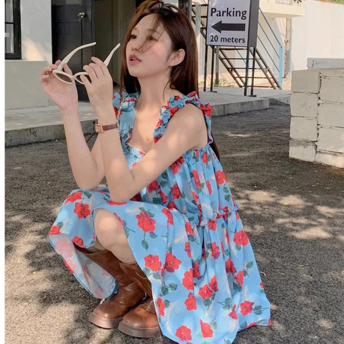 Retro black fungus edge floral print sundress with spaghetti straps, women's summer loose and slimming beach vacation style sweet short dress