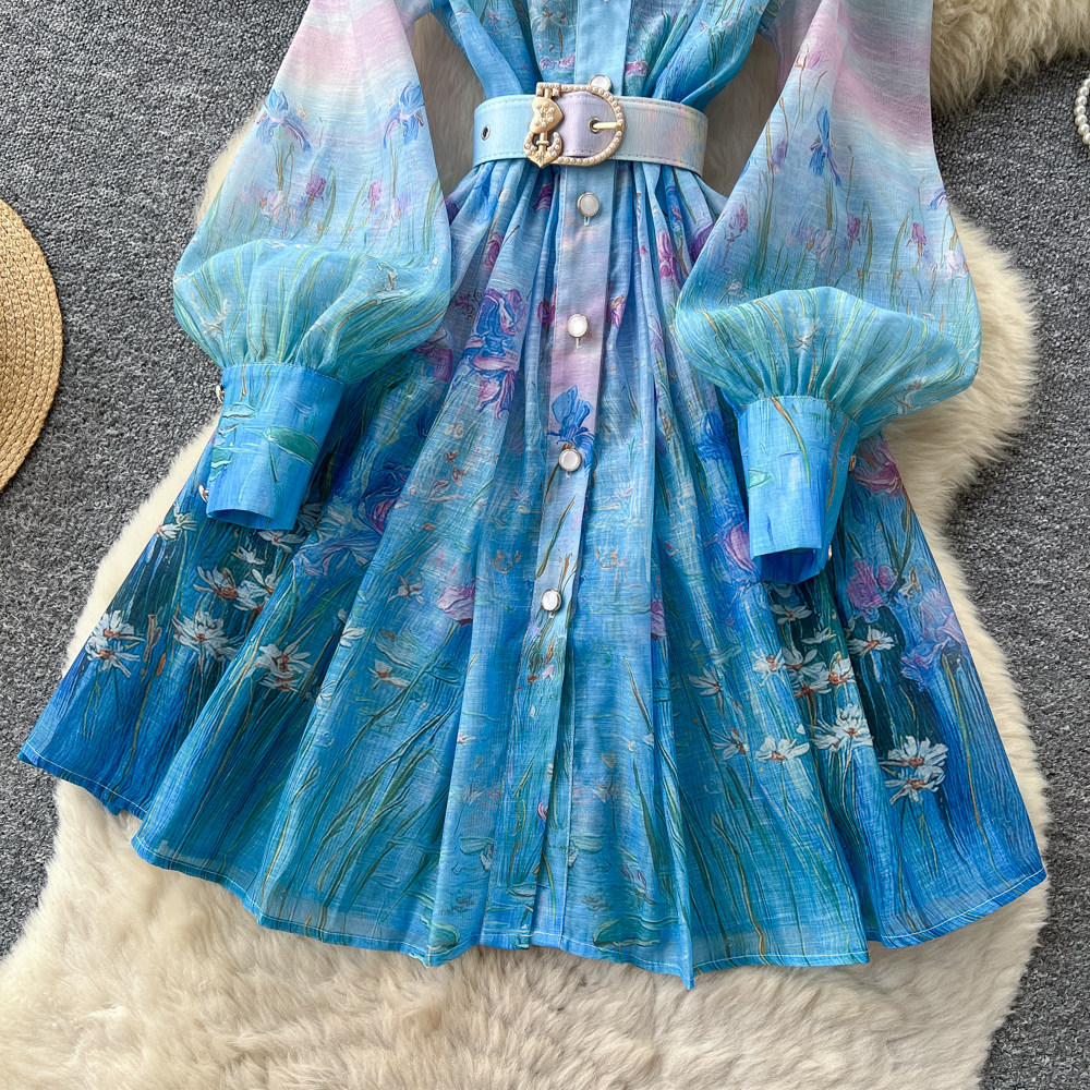 Women's French Romantic Gradient Print Dress Long Sleeve Single Breasted Button down Waist Tie Elegant Long Summer Dress_ecoleips.com