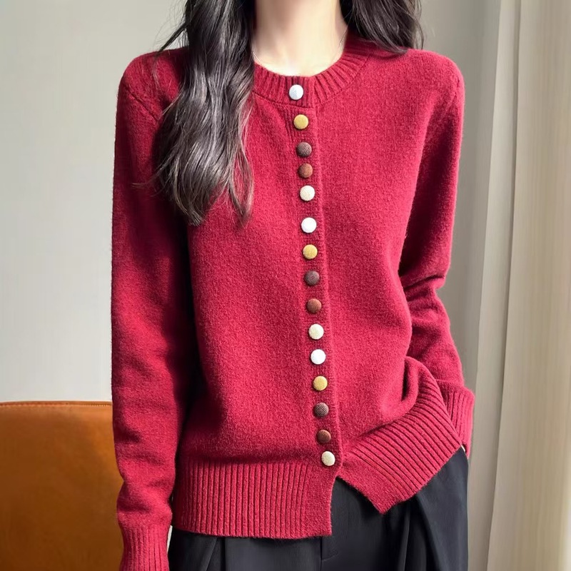 秋冬新款亲肤绒针织开衫女彩色扣子套头毛衣圆领宽松上衣外套打底|undefined