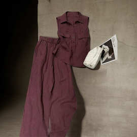 夏天穿搭套装女洋气减龄酒红色Polo领纯色气质衬衫搭松紧腰休闲裤