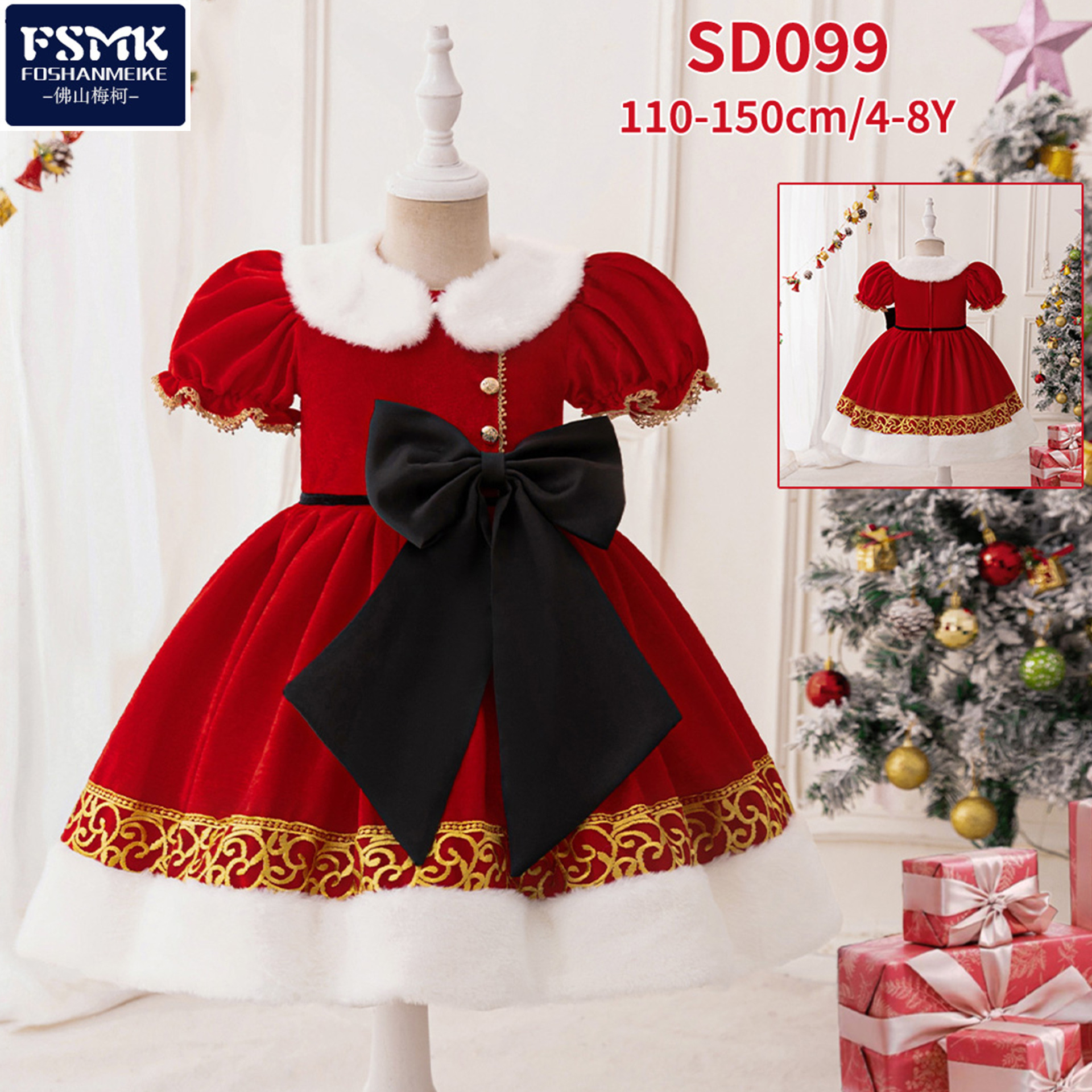 Vestido de princesa de niñas moda de terciopelo rojo vestido de navidad arco bordado modelo vestido de princesa de niños