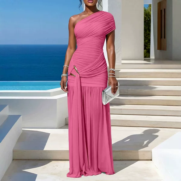 European and American Cross-Border Aliexpress One-Shoulder Metal Buckle Pleated Mesh High-Slit Long Skirt